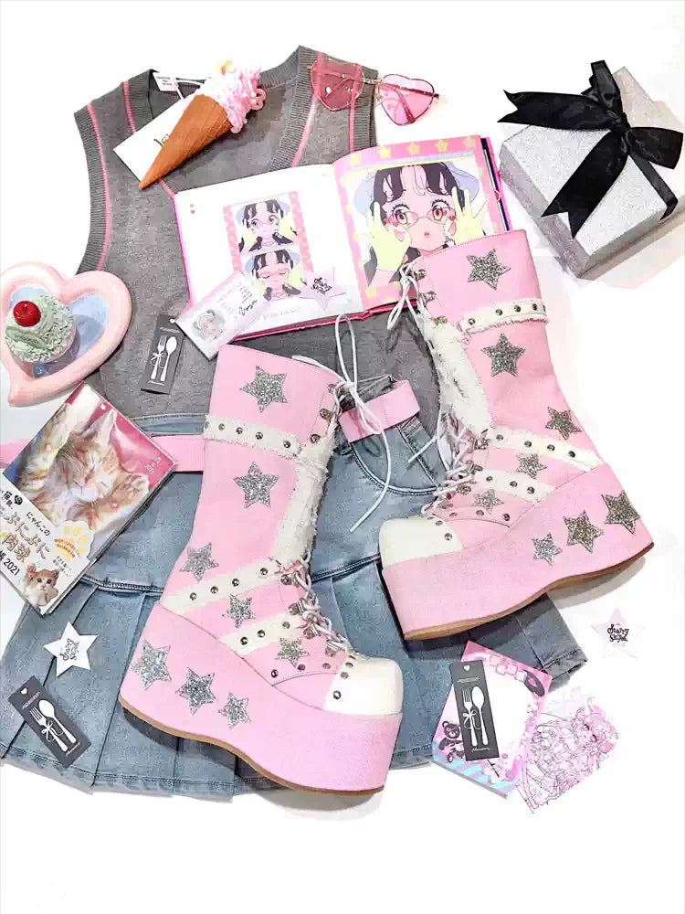 Y2K Stars Galaxy Thick-soled Boots