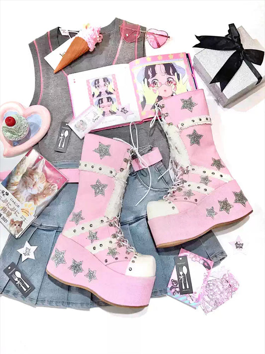 Y2K Stars Galaxy Thick-soled Boots