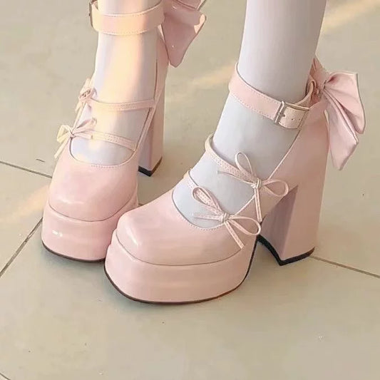 Butterfly Daydream Cute &amp; Sweet Square-Toe Mary Jane Platform High-Heel Shoes, Double-Wide Waterproof High Stiletto Pumps with Big Bow, Chunky Heel