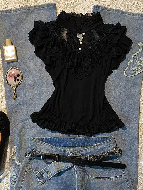 Black lace stand-up collar short-sleeved shirt