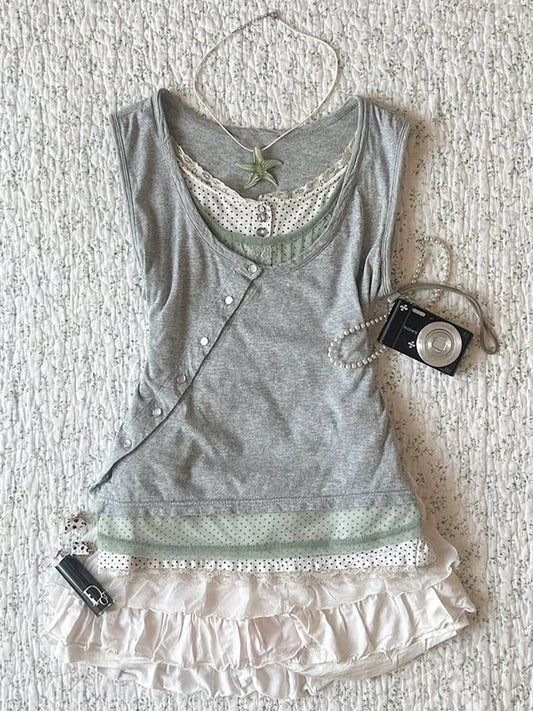 Original Grey Layered Two-Piece Set for Teen Girl, Crewneck Sleeveless Vest Top, Summer Design-Forward, Boutique Style