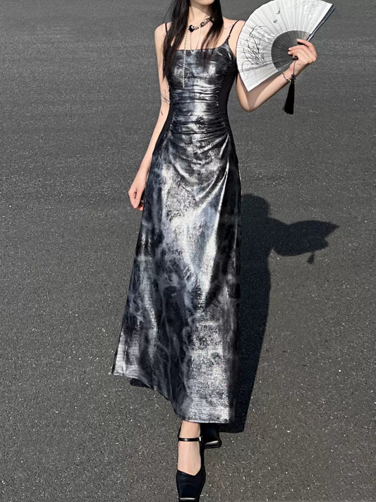 Chinese Style Shiny Silver Suspender Dress
