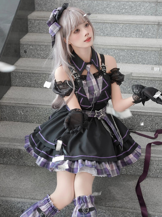 La La Sauce Dark Night Rose Japanese Purple Plaid Idol Performance Outfit Off-Shoulder Short Sleeve One-Piece Dress Set