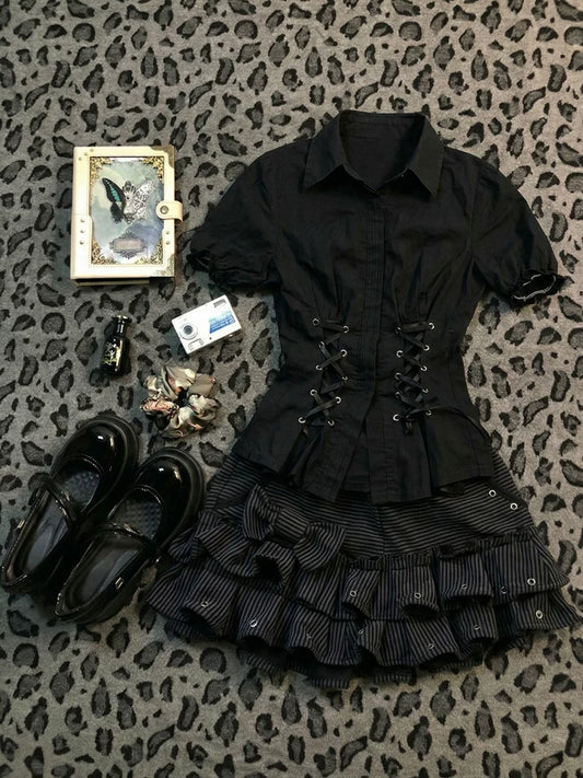 Black Vintage Collar Slimming Tie-Front Short-Sleeve Shirt for Summer, Boutique Design for Women