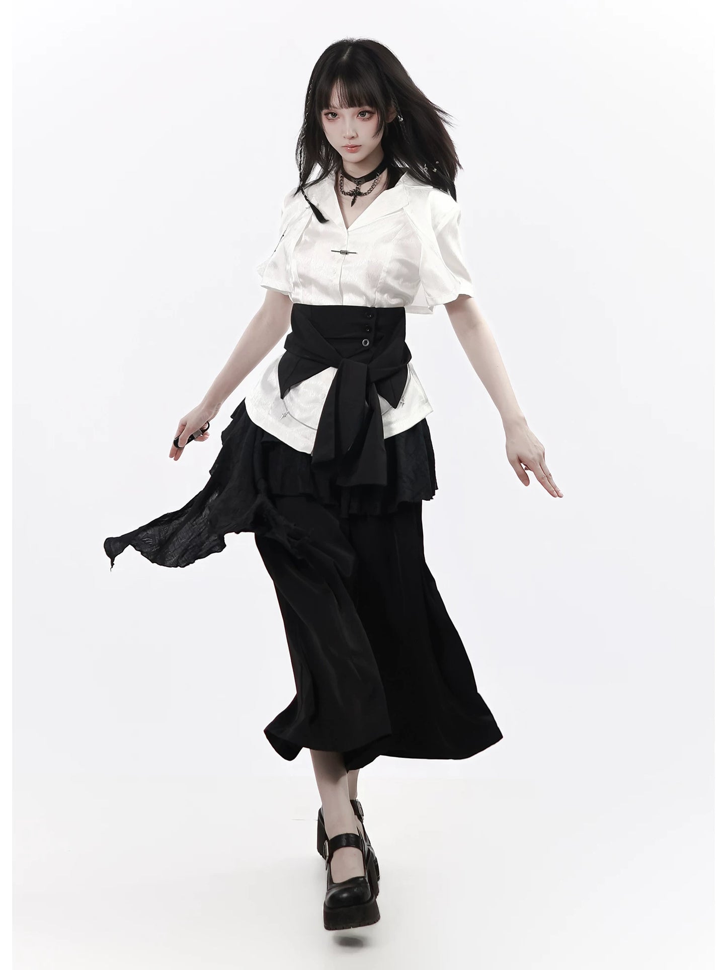 Ships Now [“Moon-Washed Floating Clouds”] Chiseled Character Pattern New Chinese-Style Waist Belt, Asymmetrical Design for Layering Underwear to Slim