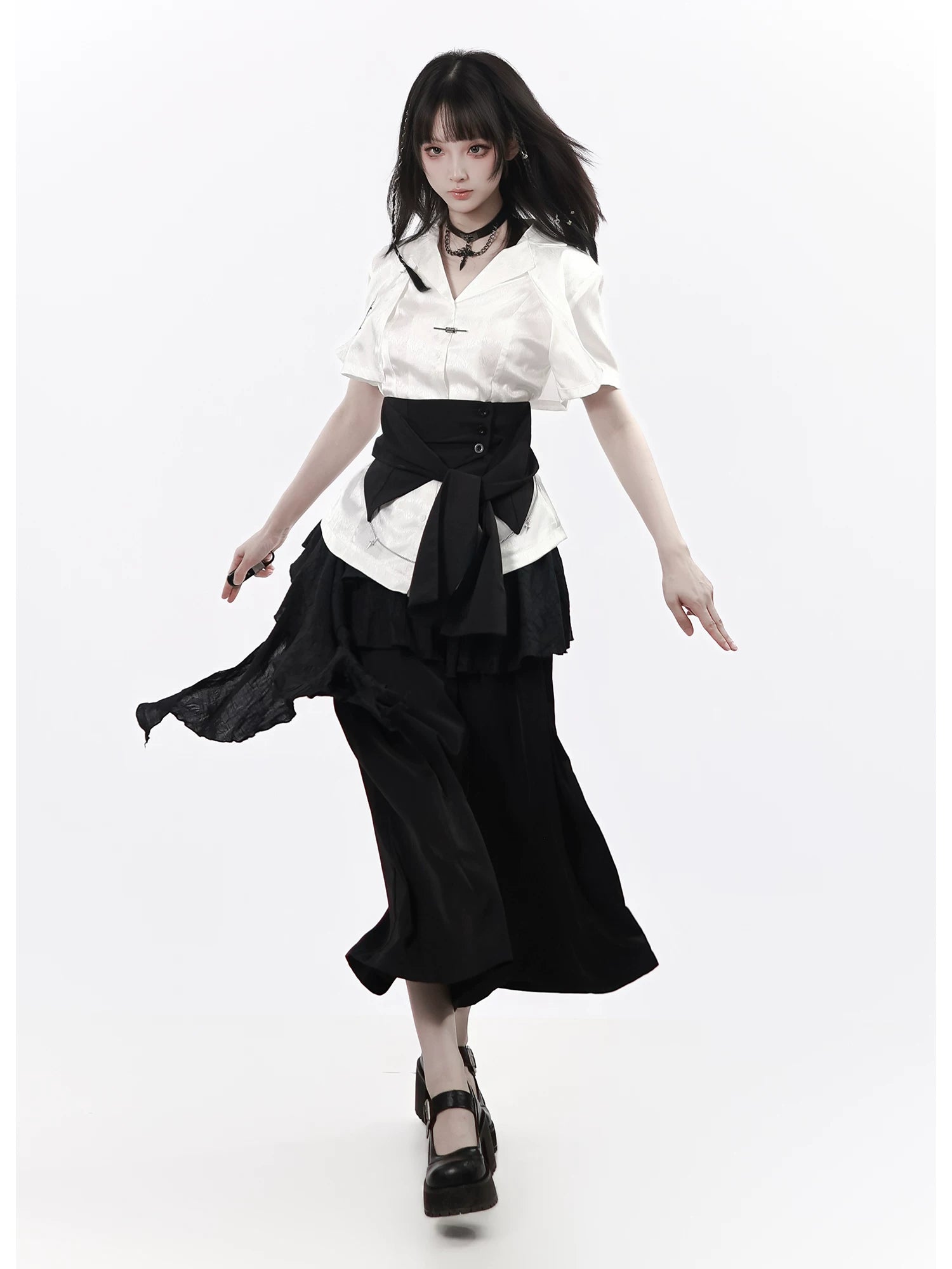 Ships Now [“Moon-Washed Floating Clouds”] Chiseled Character Pattern New Chinese-Style Waist Belt, Asymmetrical Design for Layering Underwear to Slim