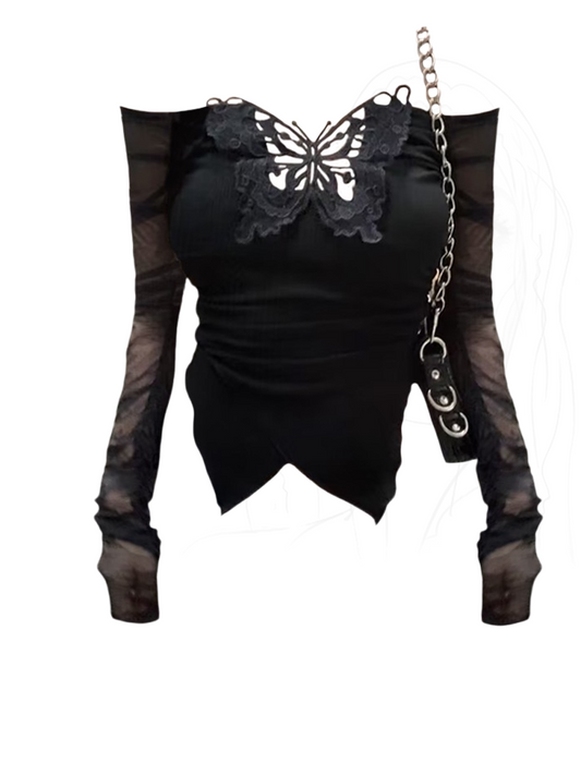 Dark Coquette Butterfly Hollow Long-sleeved Top