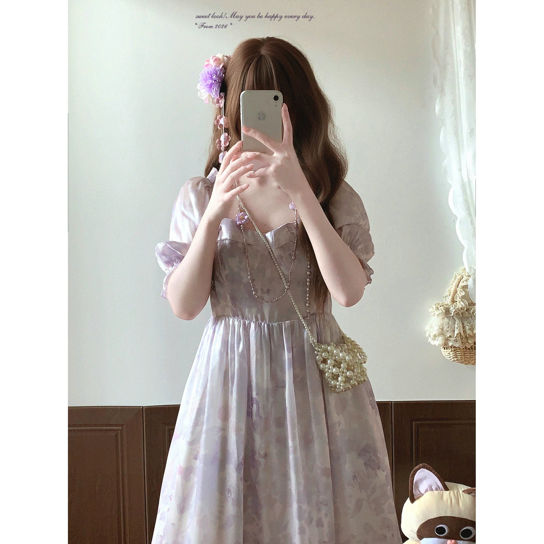 Last-Season Clearance—Vintage Square-Neck Puff-Sleeve Elegant Floral Shimmer Chiffon Dress