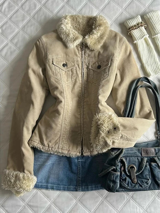 Xiya Handmade Original Vintage-Inspired Fitted Khaki Plush Jacket Coat for Women, Autumn & Winter Designer-Style, Boutique Top