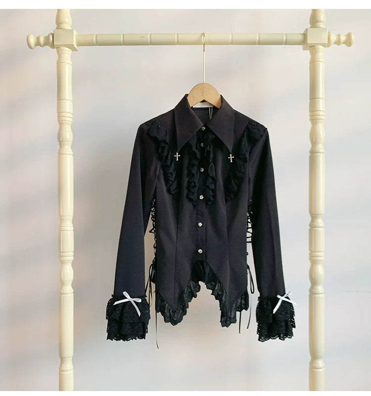 Gothic Lolita Blouse Black White Waist-Tie Shirt