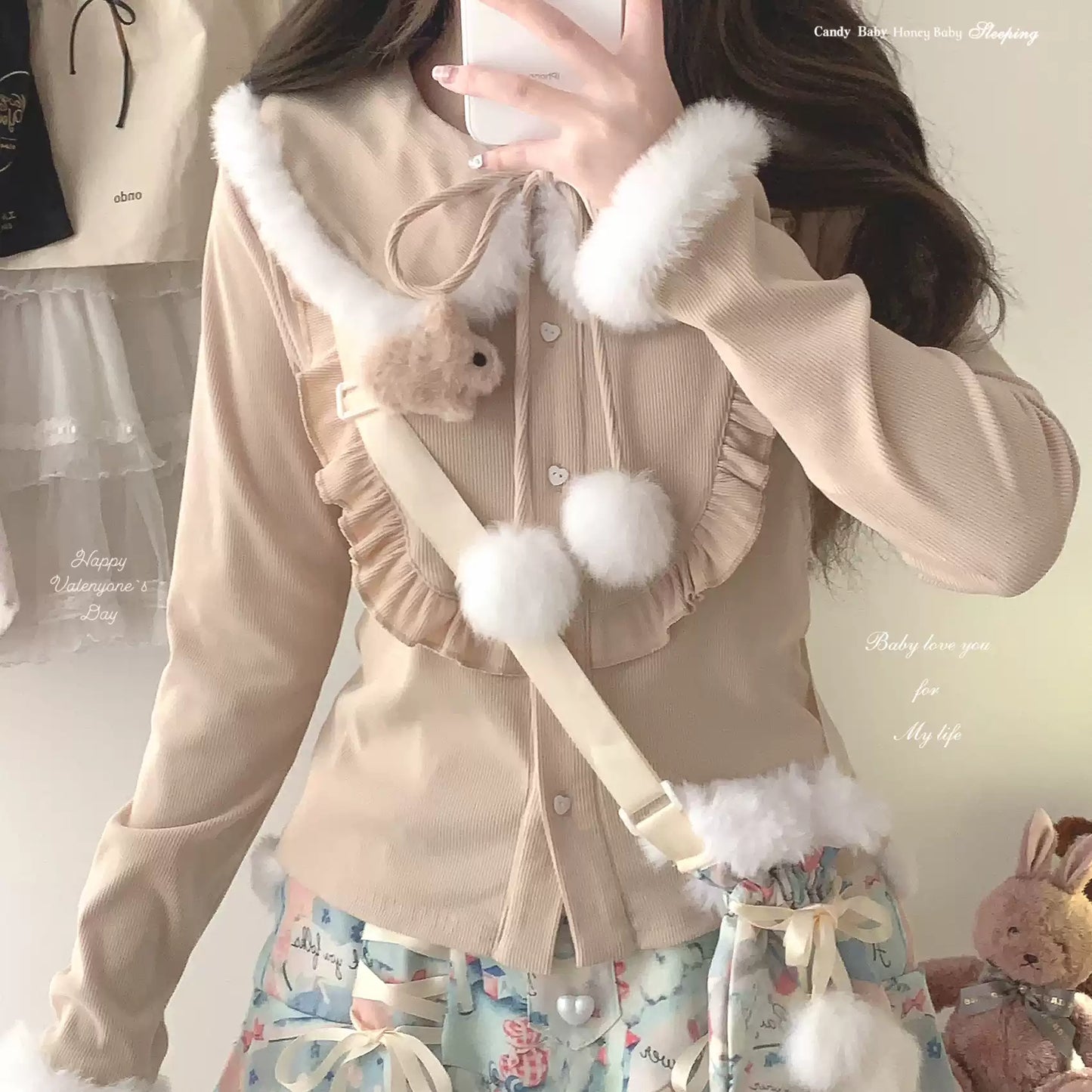 Rabbit brooch furry lace-up bow pom-pom shirt