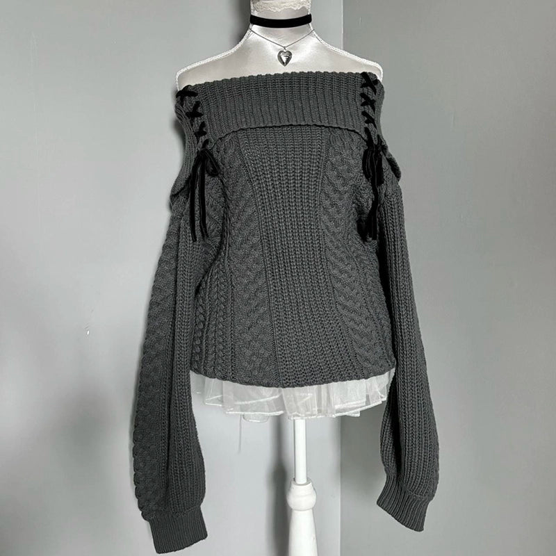 gray straps off-shoulder sweater