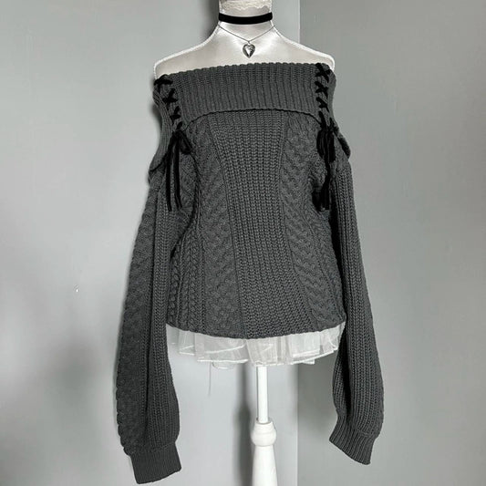 gray straps off-shoulder sweater