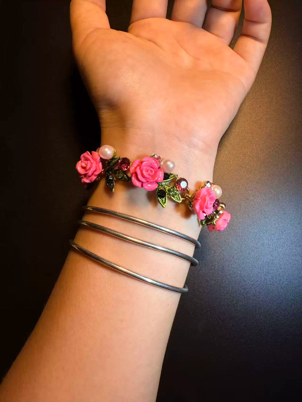 Blooming Olive Vintage Rosy Garland Pink Floral Bracelet