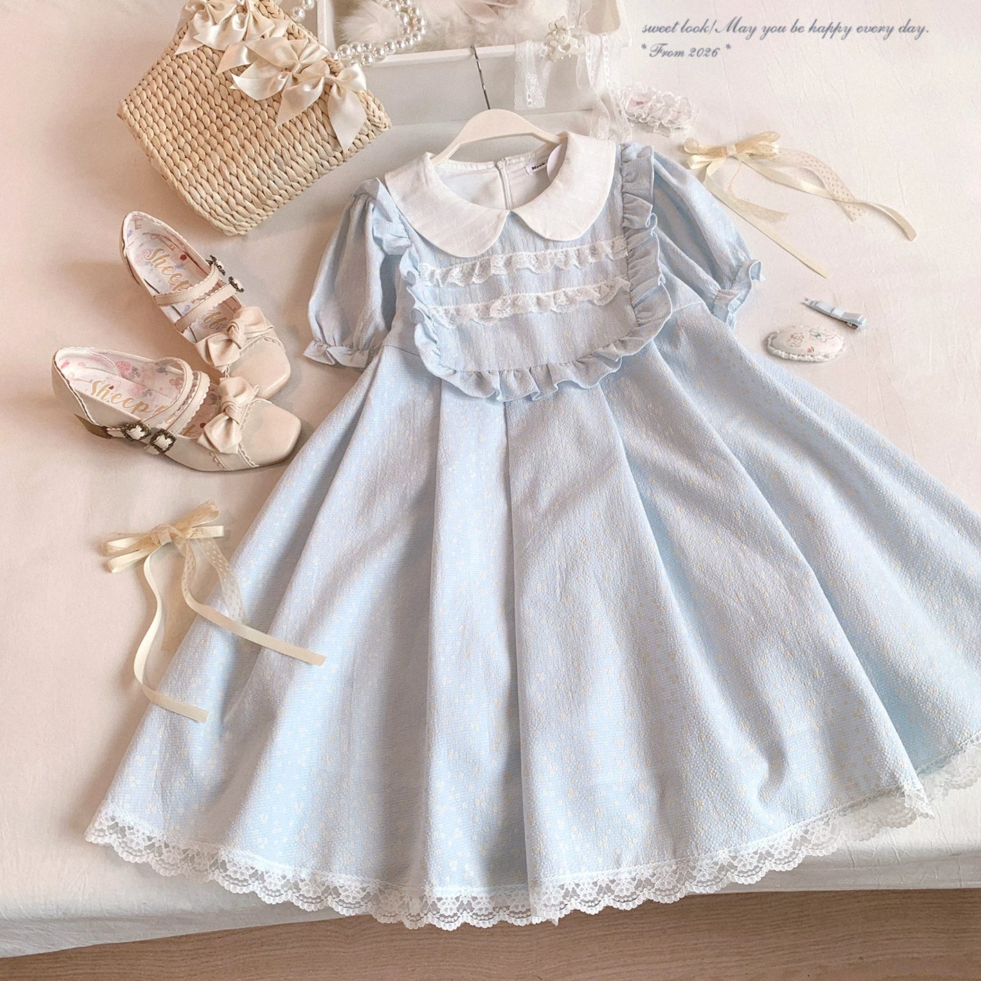 Last-Season Clearance NCX* Sweet Style Adorable Doll Collar Lace Ruffle Puff Sleeves High-Waist Dress