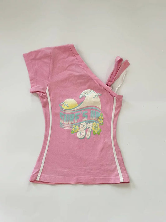 Summer Original Vintage-Inspired Unique Design Pink Off-Shoulder T-Shirt Slimming Fit Printed Versatile Top