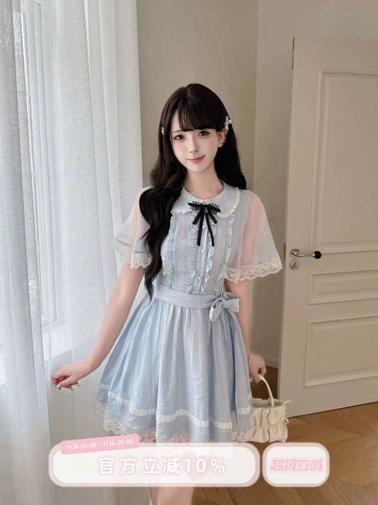 LaLa Sauce YU Qingxia Clear-Style Blue Girls’ Lace-Detailed Chiffon Cape Dress with Waist Cinching Sweet Princess Silhouette