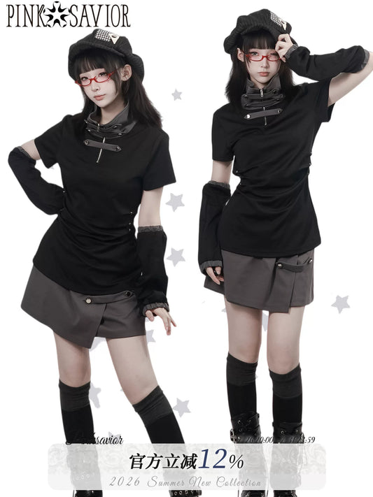 Ready-to-Ship【Grey Tuning】Black-Grey Stand Collar Summer Sleeve Cuffs Short-Sleeve Flared Skirt Waist-Length Slimming Dress for Women