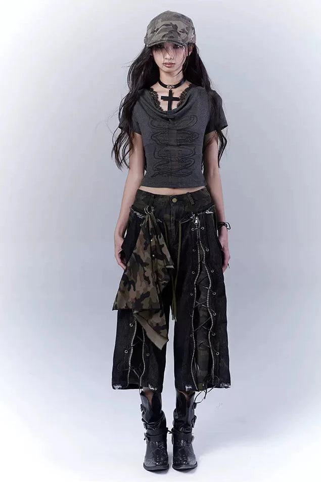 Camouflage Distressed Cropped Pants + Scarf