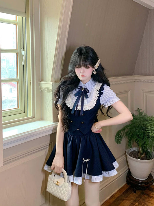 Windsor Academy Summer New Color-Block Striped Preppy Fake Two-Piece Short-Sleeve Shirt Top + Puff Tulle Skirt Set