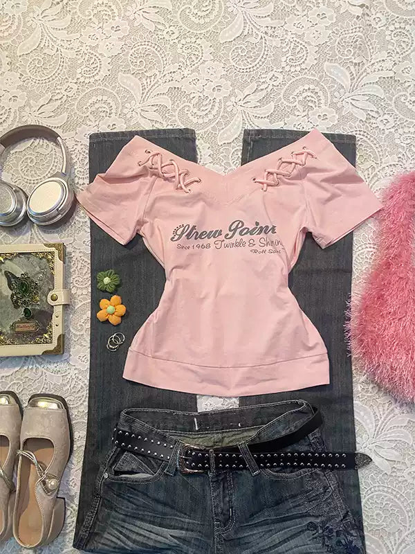 Pink V-neck T-shirt