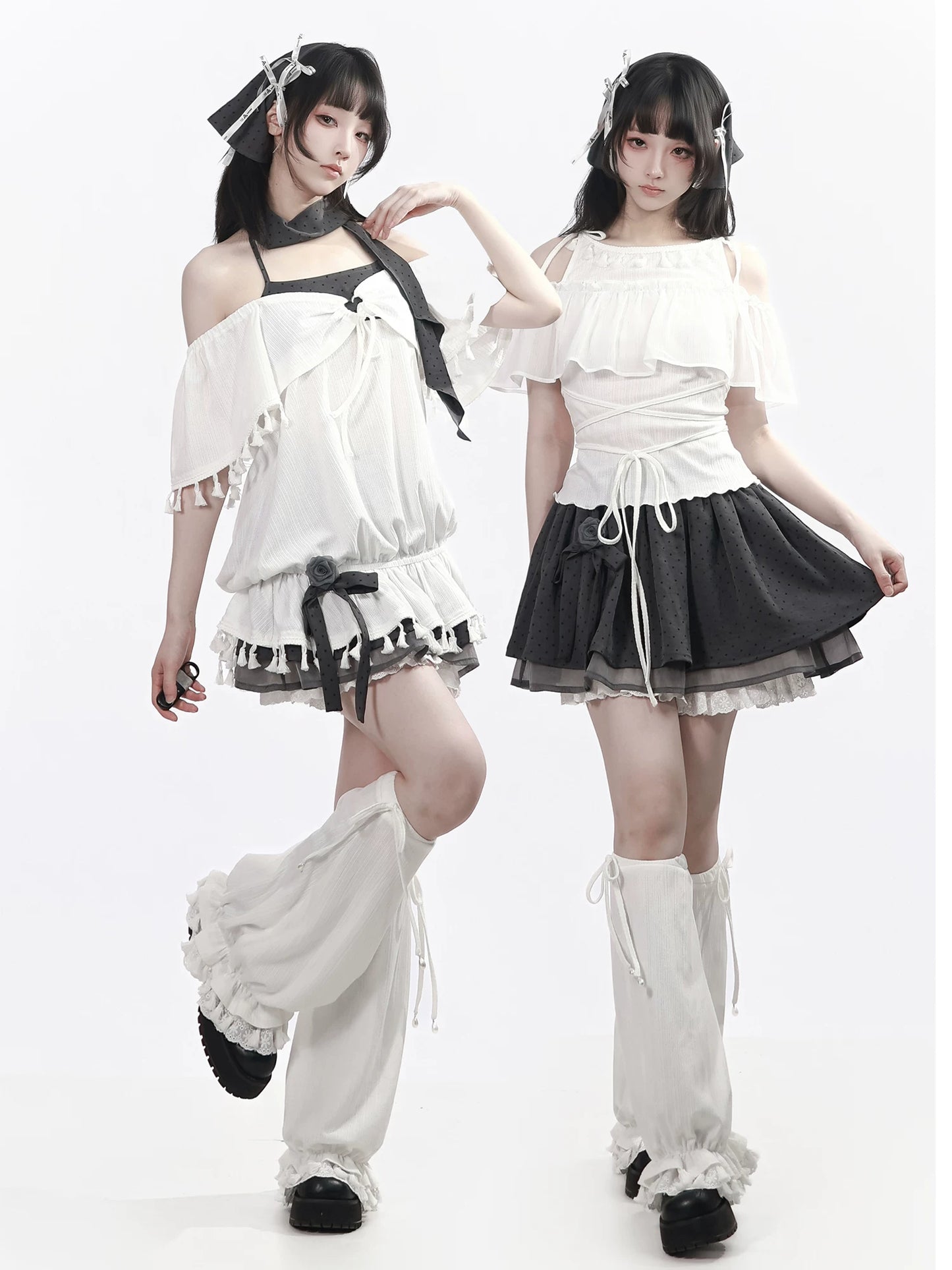 Pinksavior “Misty Star Abodes” Pink Rose Dot Tassel Knit Short-Sleeve Off-Shoulder Fitted Design Set