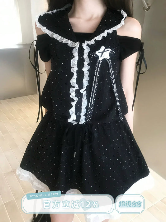 LaLa Sauce Black Cloud Speckle Cute Star Print Off-Shoulder Sleeveless Dress with Star Pattern, Elastic Waist Adjustable Short Dress Set