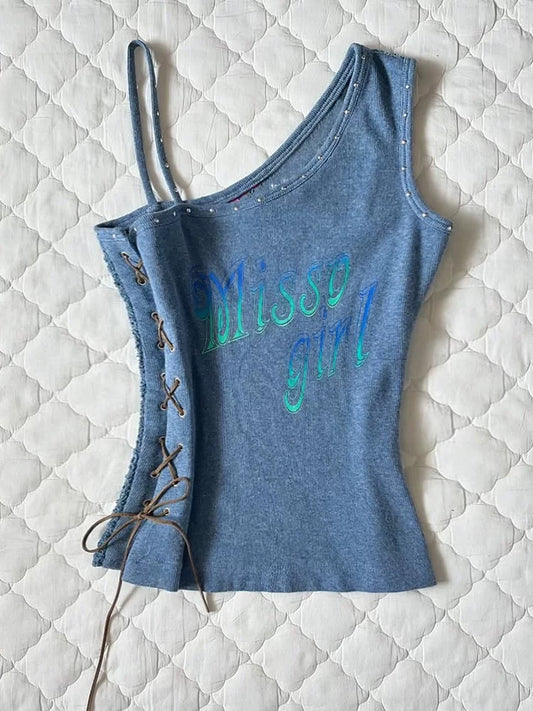 Summer Original: Blue Spaghetti Strap Camisole Top (Niche Design) — New Vintage “Hot Girl” Style, 2026 Summer Trend