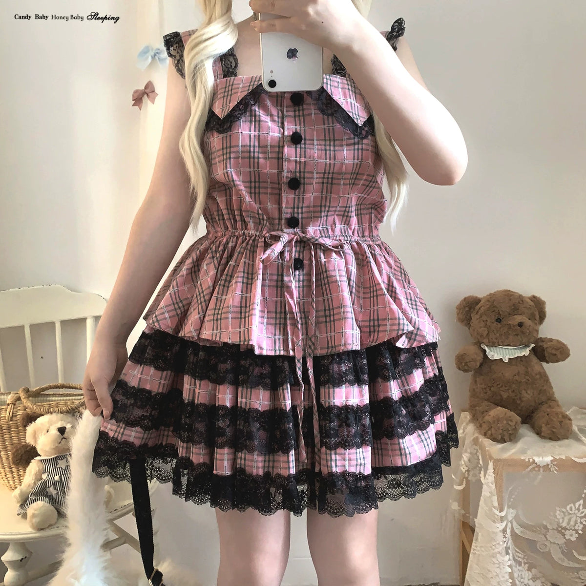 Sleepingdoll Handcrafted* Shadow Little Rabbit Plaid Dark Goth Lolita Lace Camisole Skirt Set