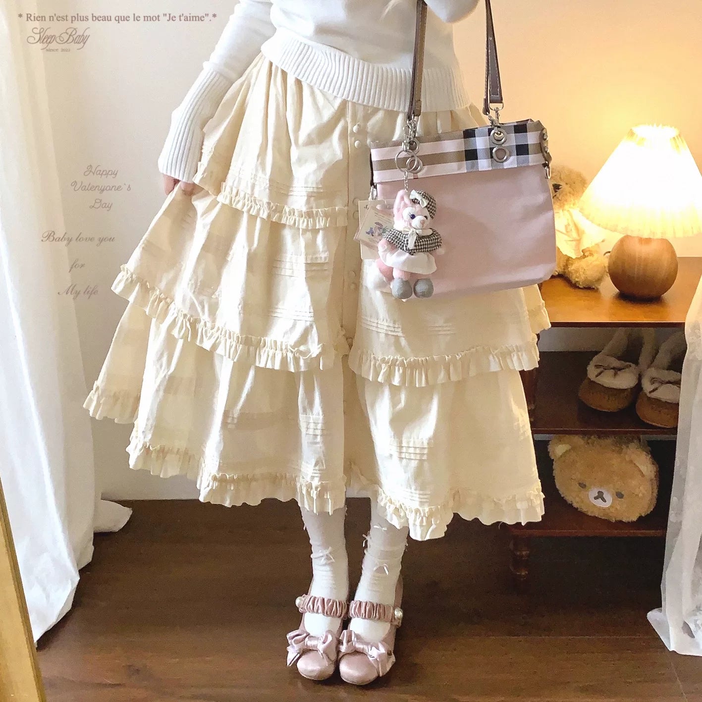 sleepdoll Handmade “Miao Hua Zhi Yuan” Woodland-Inspired Single-Button Sweet Solid Color Pleated Tiered Ruffle Skirt