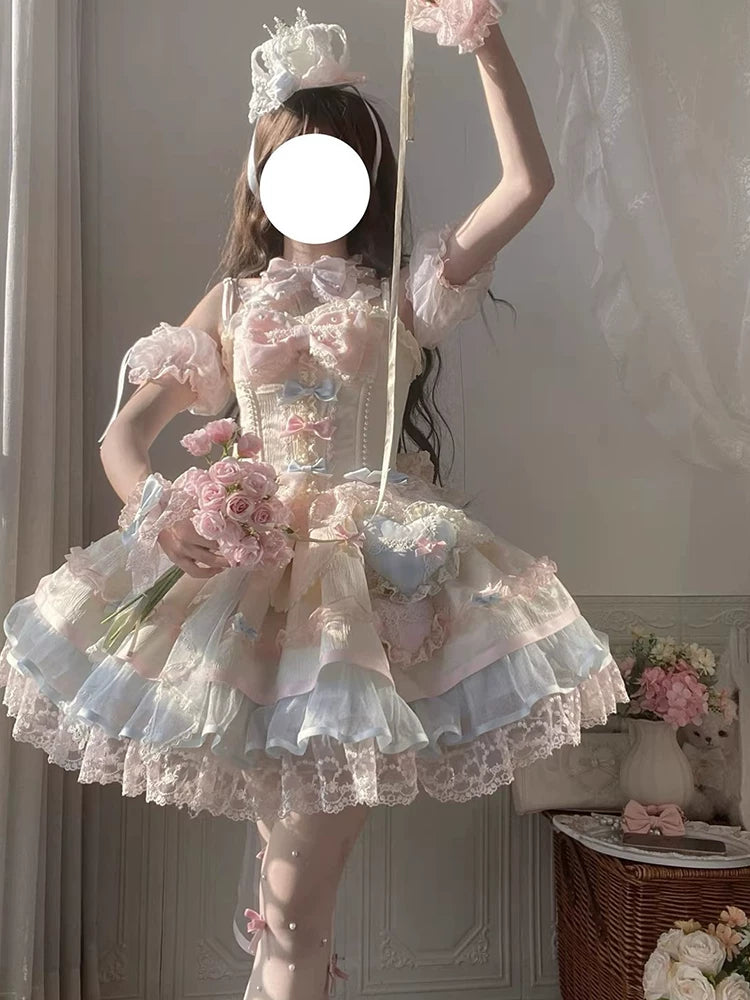 Blue-Pink Cute Ballet-Inspired Little Flower Sweet Lolita Dress With Flowy Princess Cake Skirt Lolita Outfit