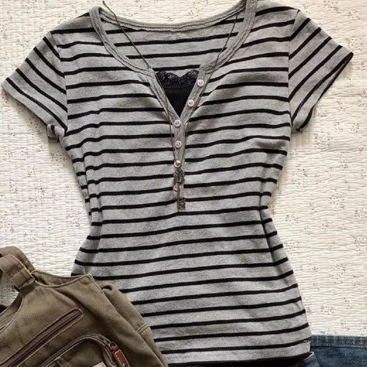 Y2K Striped Baby Tee | Vintage Fitted Summer Top for Women