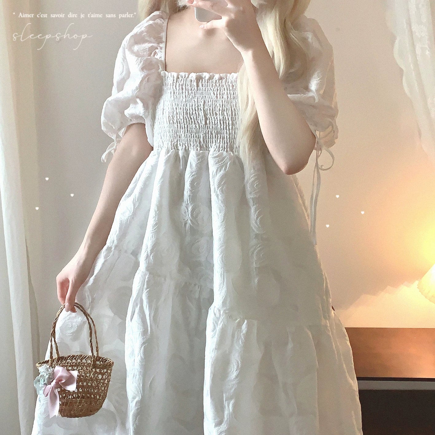 Final stock: YC 3D Rose Jacquard Elasticated Pleated Square Neck Cute Puff Sleeve Dress