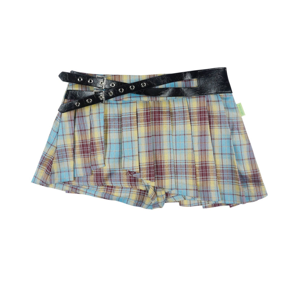 Plaid waist tie belt metal irregular pleated culottes