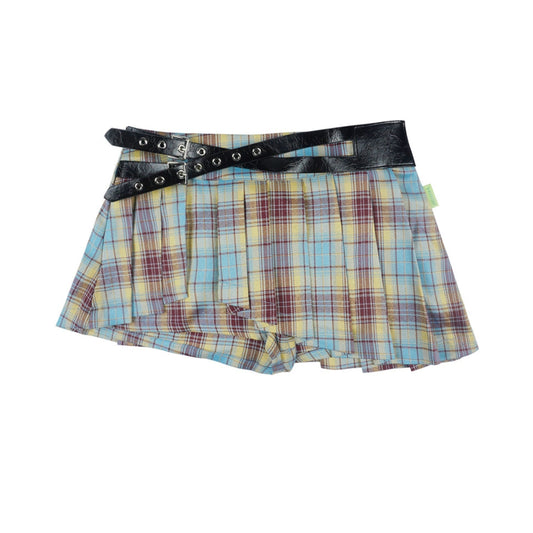 Plaid waist tie belt metal irregular pleated culottes