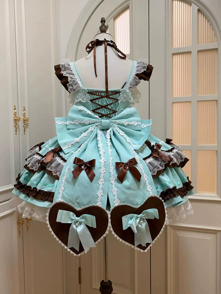 Mint Chocolate Sweet Lolita Dress with Cute Train, Bow Details & Princess Lace Up Chiffon Style