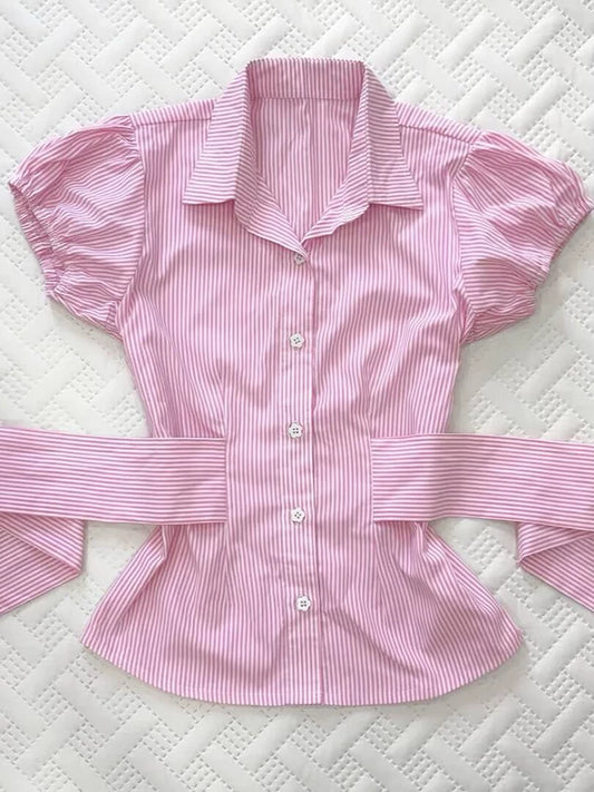 Pink—Original Pink Striped Sweet Off-Shoulder Short-Sleeve Top (Korean Style) Slimming Waist-Cinching, Boutique Summer Outfit