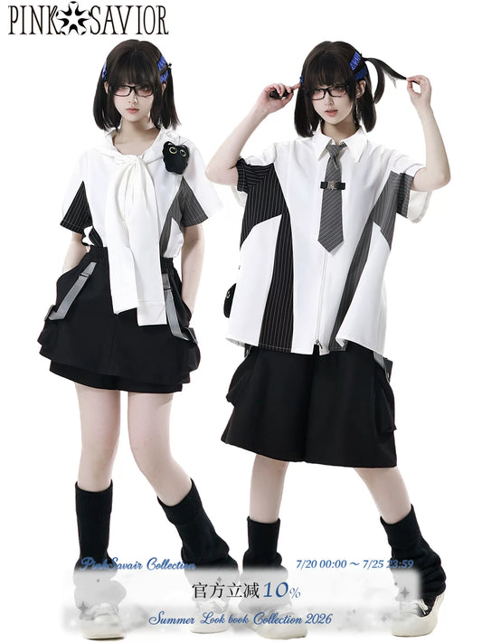 Pinksavior [Phantom Line] Summer Casual Striped Panel Design Shirt Set, Figure-Flattering for Couples