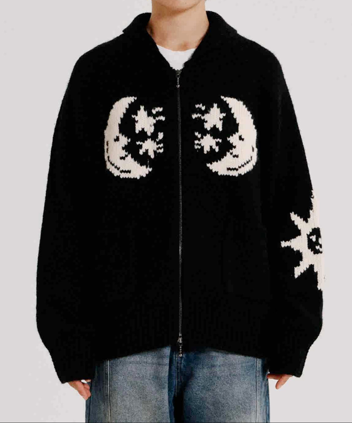 Stars and Moon Jacquard Lapel Knitted Cardigan