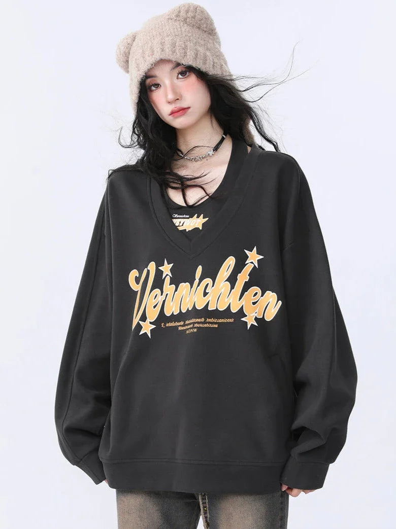 American Retro Casual Loose Two Piece Letter Print Sweatshirt