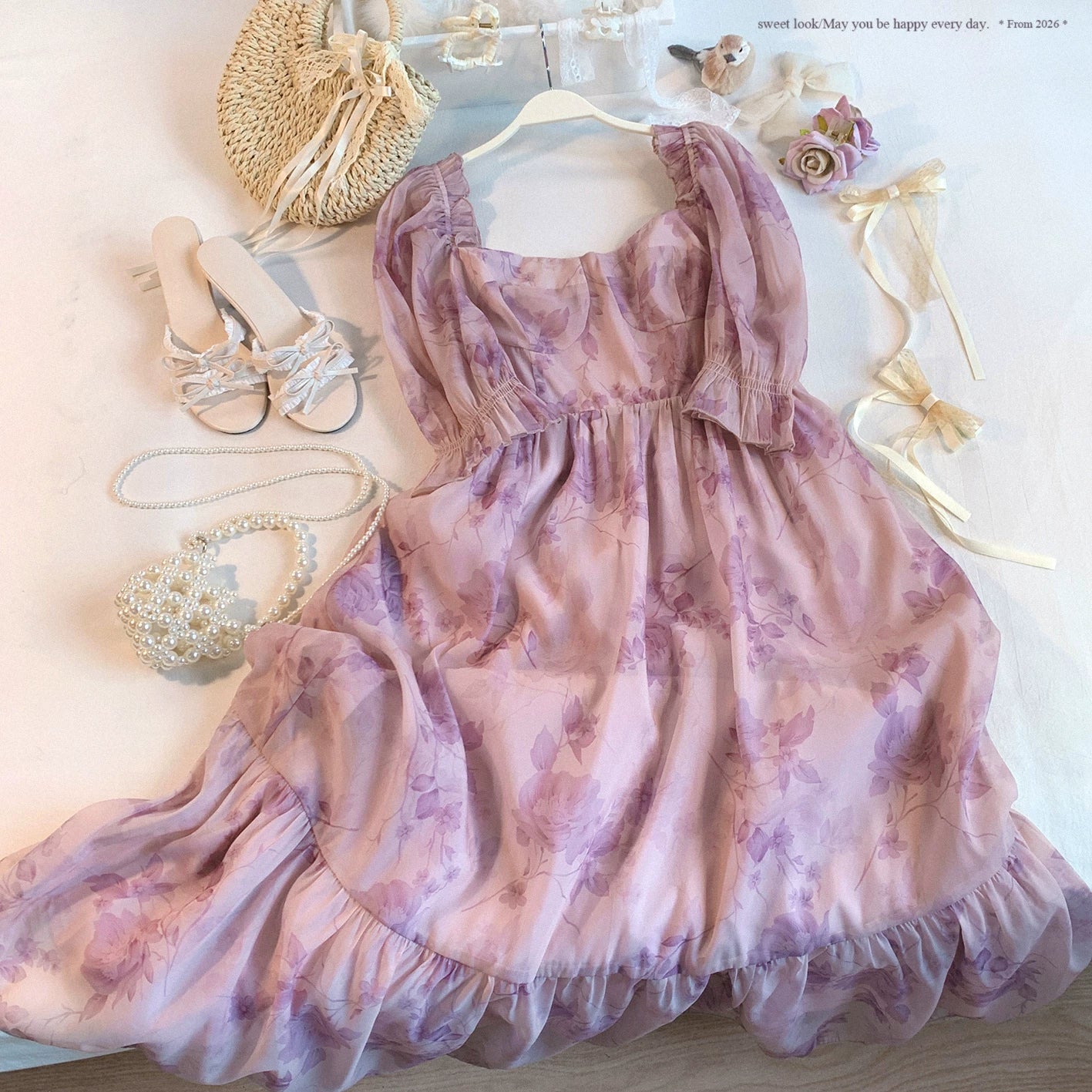 Last-Season Clearance—Vintage Square-Neck Puff-Sleeve Elegant Floral Shimmer Chiffon Dress