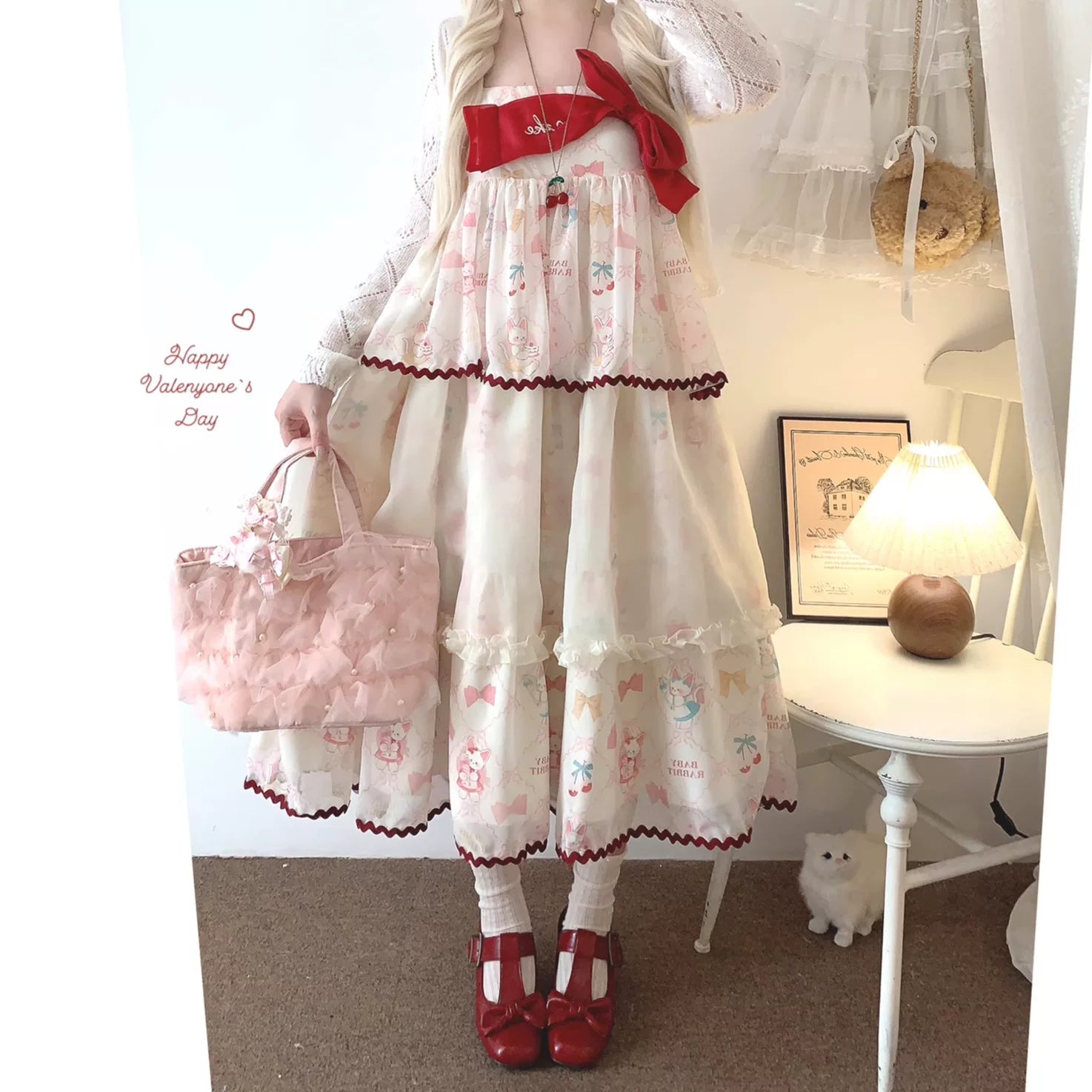 Sleepingdoll Handmade* Cat Milk Cream Satin Dress with Lace-Up Lace-Up Chiffon Bow Embroidery Layered Slip Dress