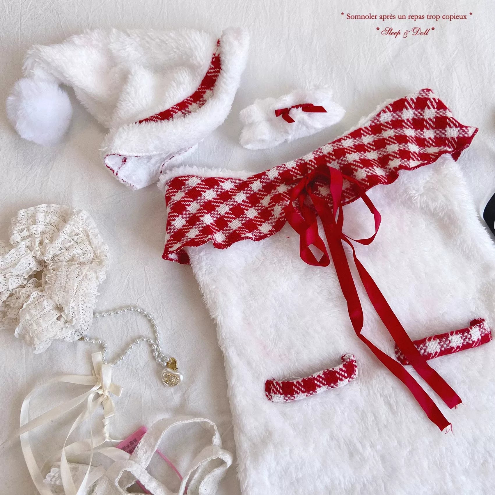 Final-Stock Red-and-White Checkered Tassel-Trim Ribbon Bow Fluffy Pure-Love Fuzzy Tube Dress