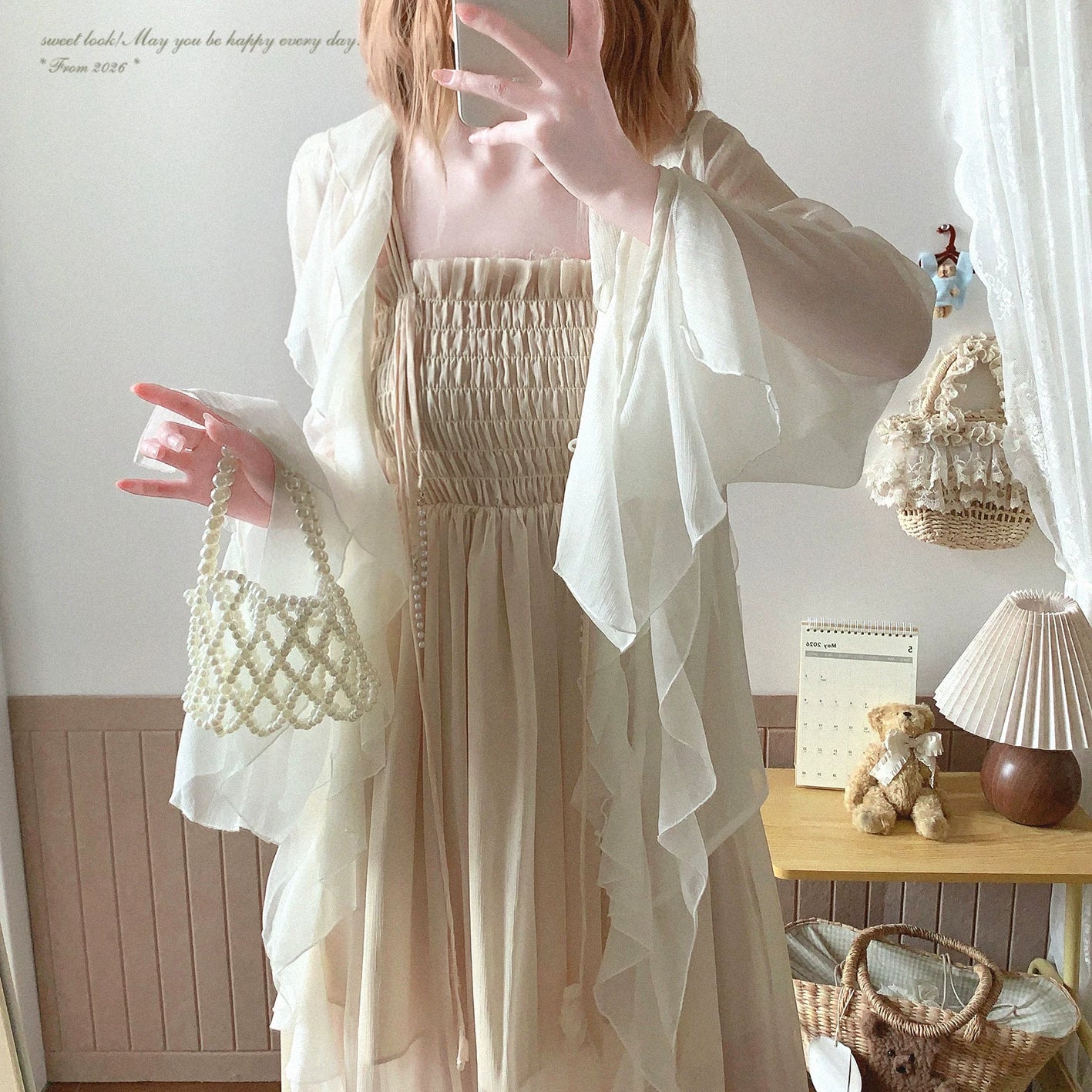 Last Stock yxt* Pearl-Decor Trim Tied Draped Pleated Flowing Chiffon Slip Dress