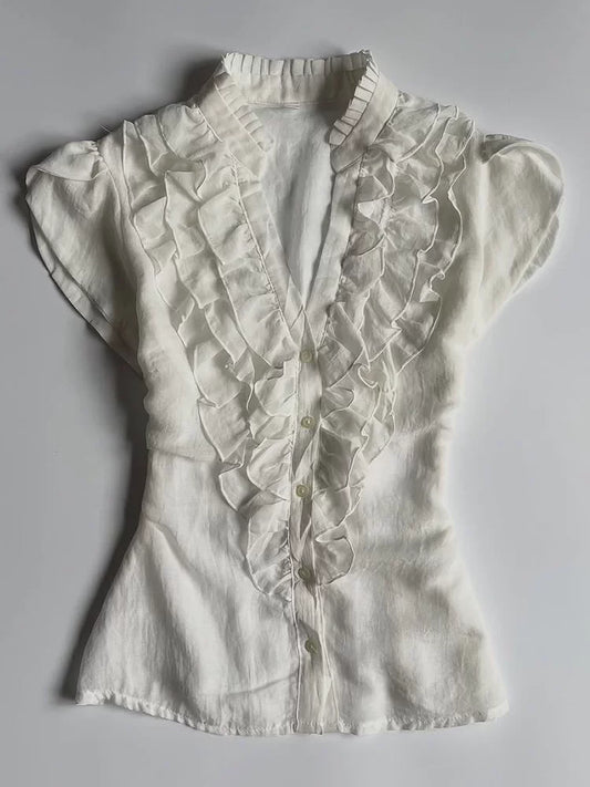 French-Style Design Slim-Fit White Shirt for Women, Summer 2026 Vintage Retro-Inspired Blouse