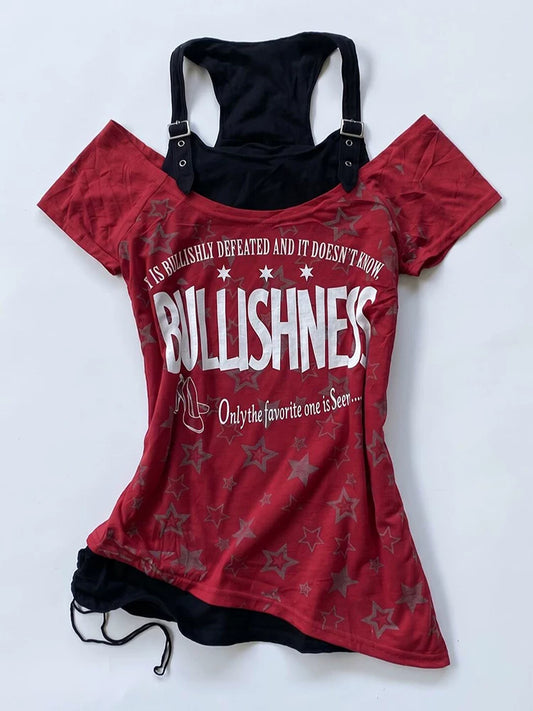 Red Floral Patchwork Faux Two-Piece Off-Shoulder Short-Sleeve T-Shirt for Summer Women, Small Designer Casual Top