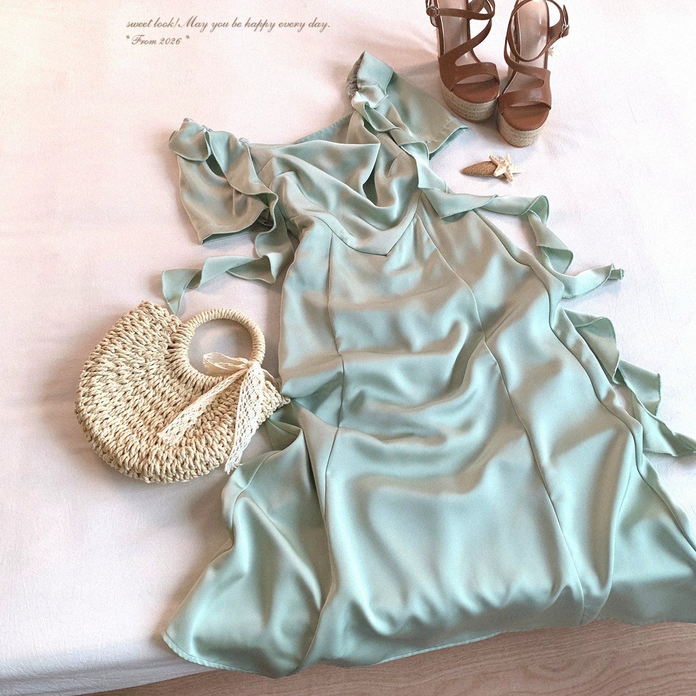 End-of-Season WDD Mint Mambo Elegant Glossy Satin-Feel Contrast-Edge Ruffle Tie-Waist Dress