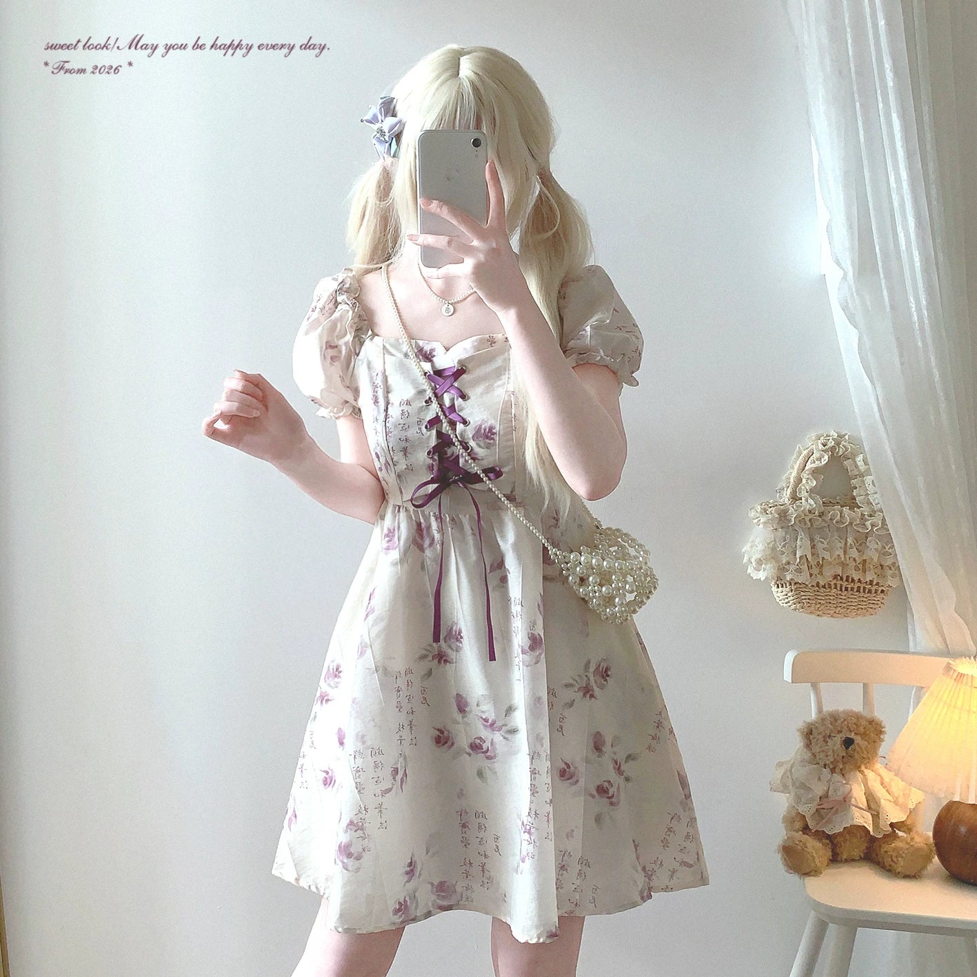 Last-Season Deal Rose-Purple New Chinese-Style Retro Watercolor Ink Floral Print Tie-Back Puff Sleeve Dress *f