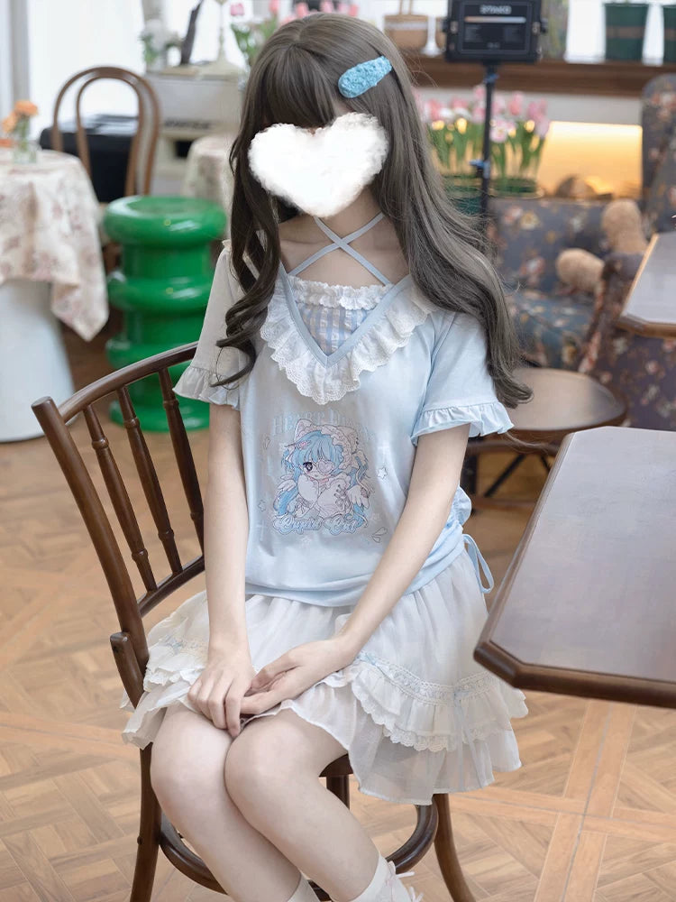 LaLa Sauce Ai Shen Cat Cat – Blue Original Design Lolita Home Outfit Flattering Slimming Skirt Set (Spring & Summer New)