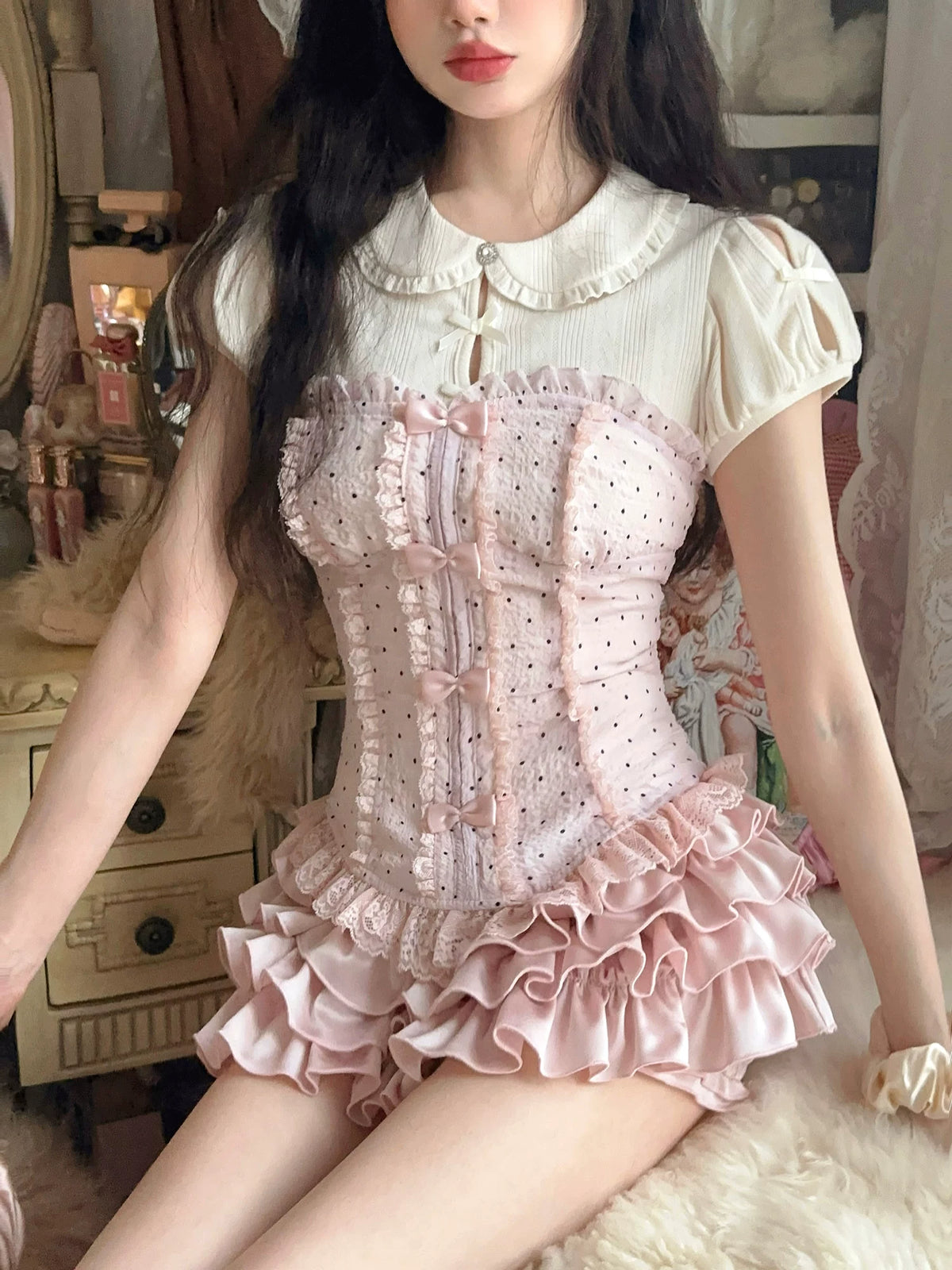 “Pinched Waist” French Girl Polka Dot Slim-Fit Chiffon Bustier Top T2324